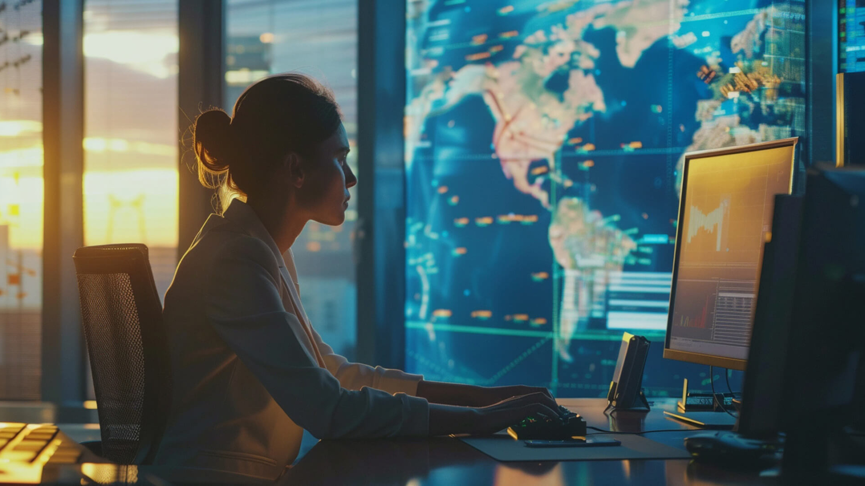 Imagem mostra uma mulher sentada mexendo em seu computador conectada ao mundo globalizado