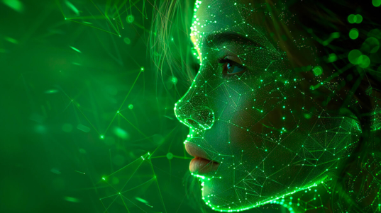 Imagem futurista de fundo verde que reflete um rosto feminino humano/robótico representando a inteligência artificial.
