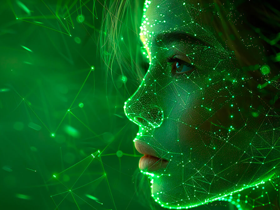 Imagem futurista de fundo verde que reflete um rosto feminino humano/robótico representando a inteligência artificial.