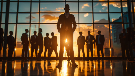 imagem mostra um líder na frente dos demais colaboradores da empresa sob a luz do sol.