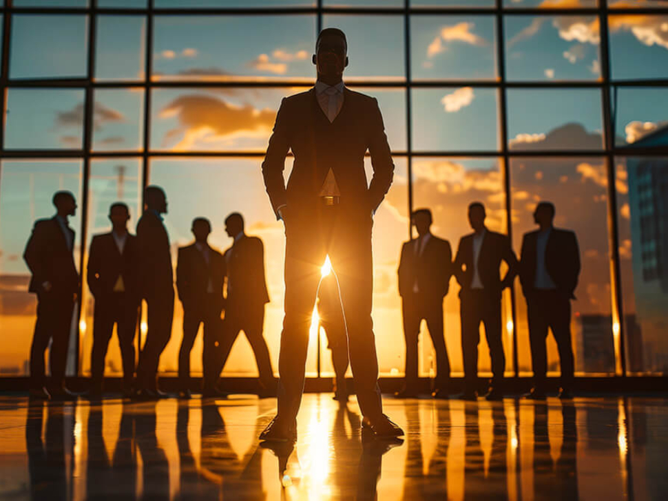 imagem mostra um líder na frente dos demais colaboradores da empresa sob a luz do sol.