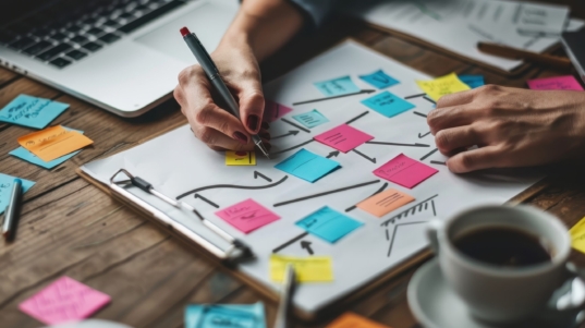 imagem mostra uma pessoa escrevendo em vários post-its sobre uma mesa de trabalho.