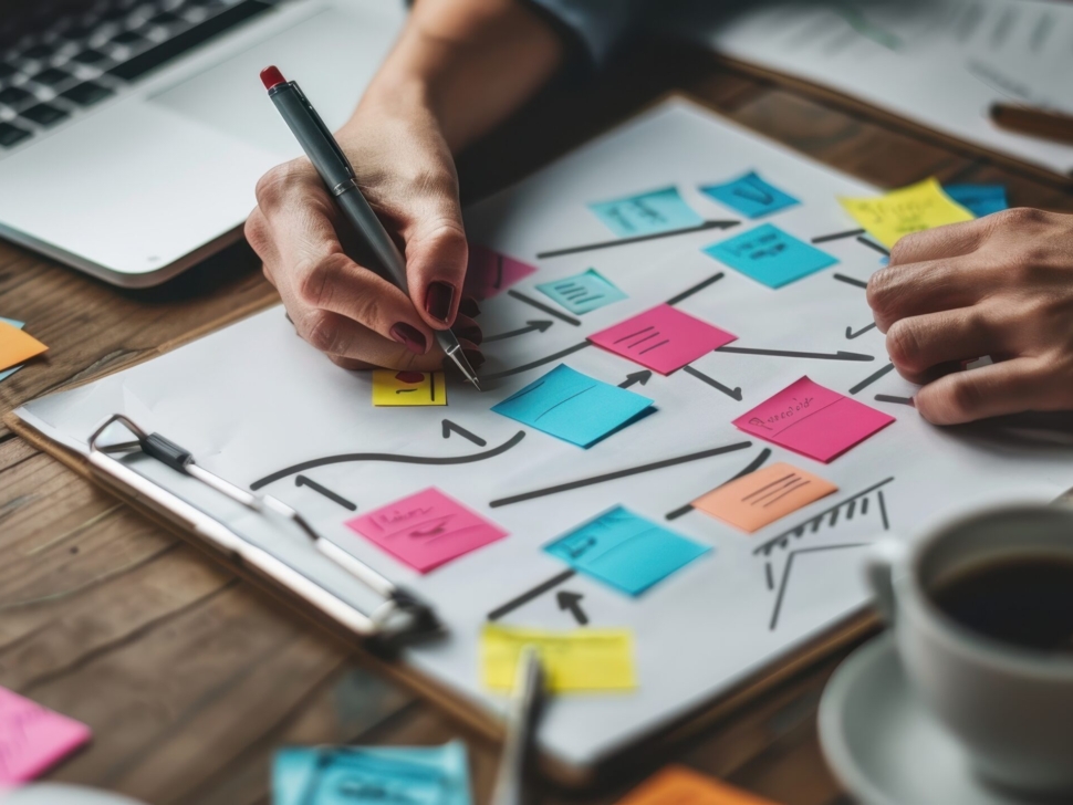 imagem mostra uma pessoa escrevendo em vários post-its sobre uma mesa de trabalho.