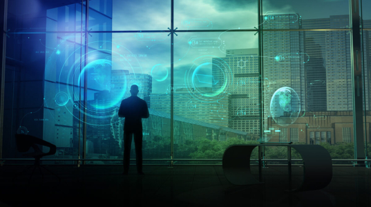 La imagen muestra a un hombre mirando por la ventana de su oficina en una megalópolis con una vista de datos financieros e inteligencia artificial.