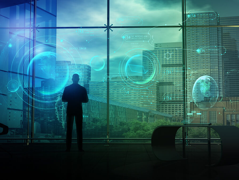 La imagen muestra a un hombre mirando por la ventana de su oficina en una megalópolis con una vista de datos financieros e inteligencia artificial.