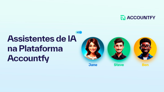 imagem mostra os três assistentes de inteligência artificial da Plataforma Accountfy. São eles: Jane, Steve e Ben.