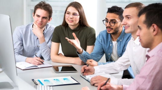 la imagen muestra a 5 personas mirando una pantalla de computadora.