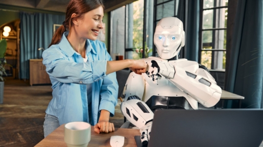 la imagen muestra a una mujer feliz saludando a un robot, simbolizando una asociación de trabajo.